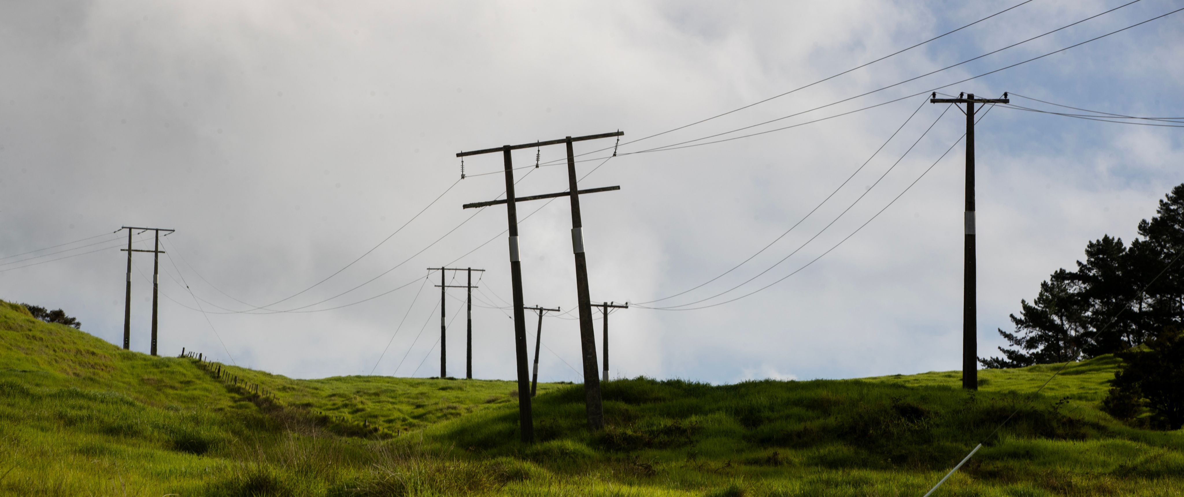 A group of power poles set in hillside pasture, with lines strung across the sky.